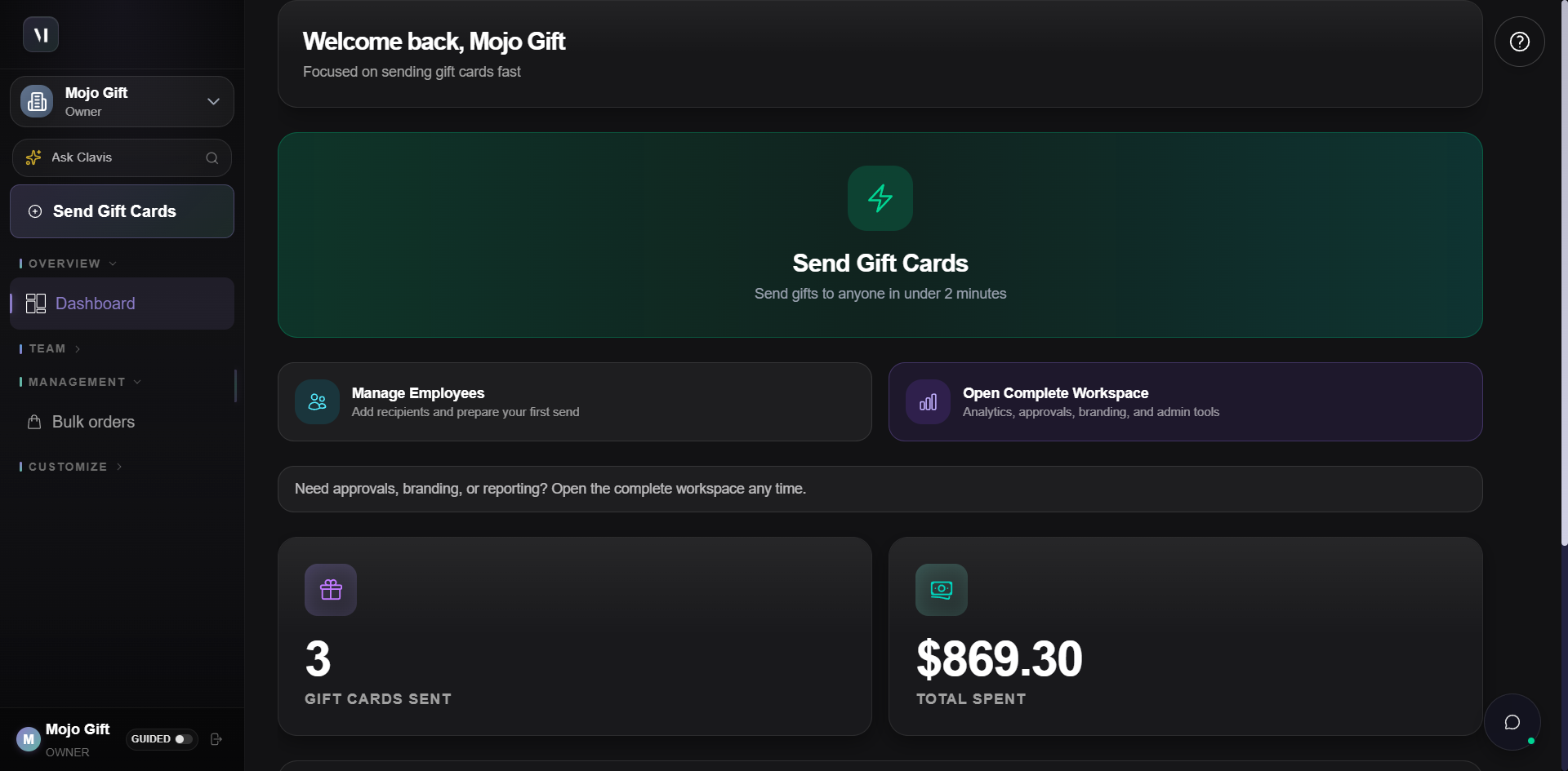 Hero of the Mojo Gift Corporate landing page with the headline 'Streamline your corporate gifting program', four stat cards, and the Get Started and Sign In buttons.