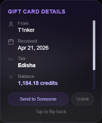 Gift card back face showing details: From, Received date, Tier, Balance, and action buttons