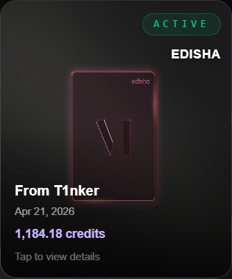 Gift card front face showing Edisha tier cover, Active badge, sender name, date, and credits