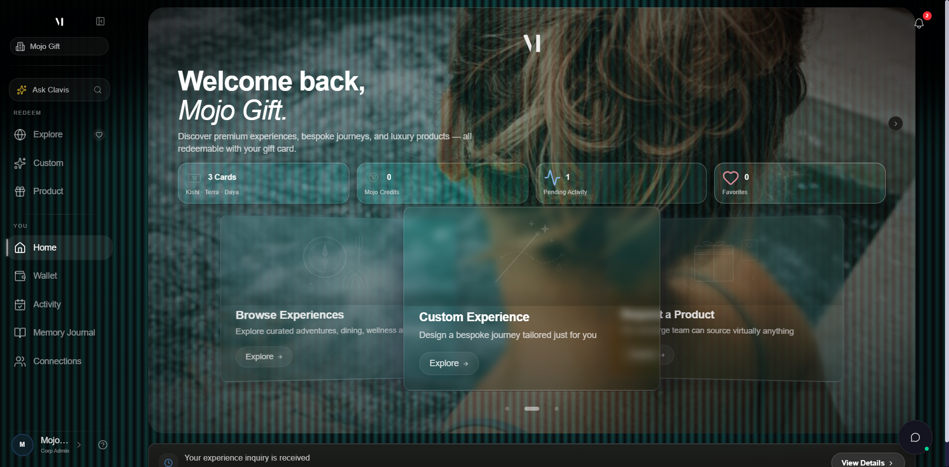 Redeem portal home screen. Heading reads Welcome back, Jordan. Subtitle: Discover premium experiences, bespoke journeys, and luxury products — all redeemable with your gift card. Four stat tiles: 3 Cards (Exora · Lunara · Terra), 0 Mojo Credits, 0 Pending Activity, 0 Favorites. Below, a three-up carousel with Browse Experiences on the left, Custom Experience highlighted in the centre, and Request a Product on the right. Sidebar contains Ask Clavis, Redeem section (Explore, Custom, Product), and You section (Home, Wallet, Activity, Memory Journal, Connections).