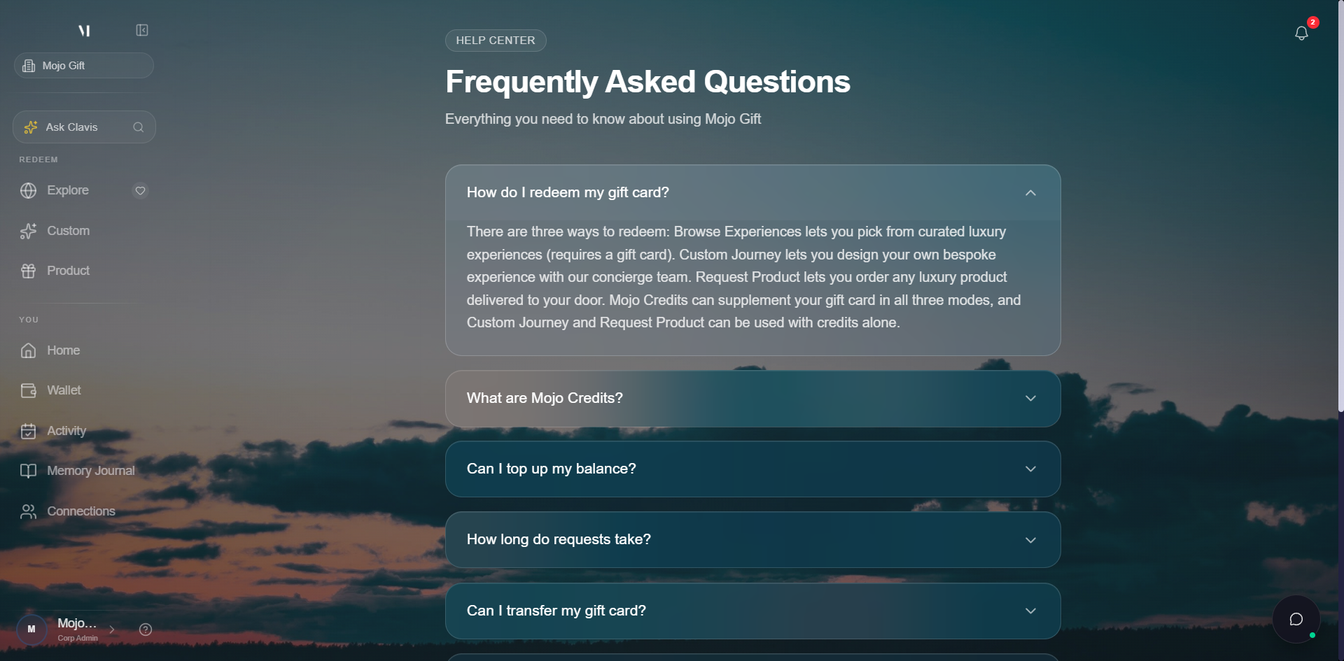 Bottom-right corner of the redeem portal showing the Clavis chat button. A round dark button with a sparkles icon, with a small green status dot in the corner.