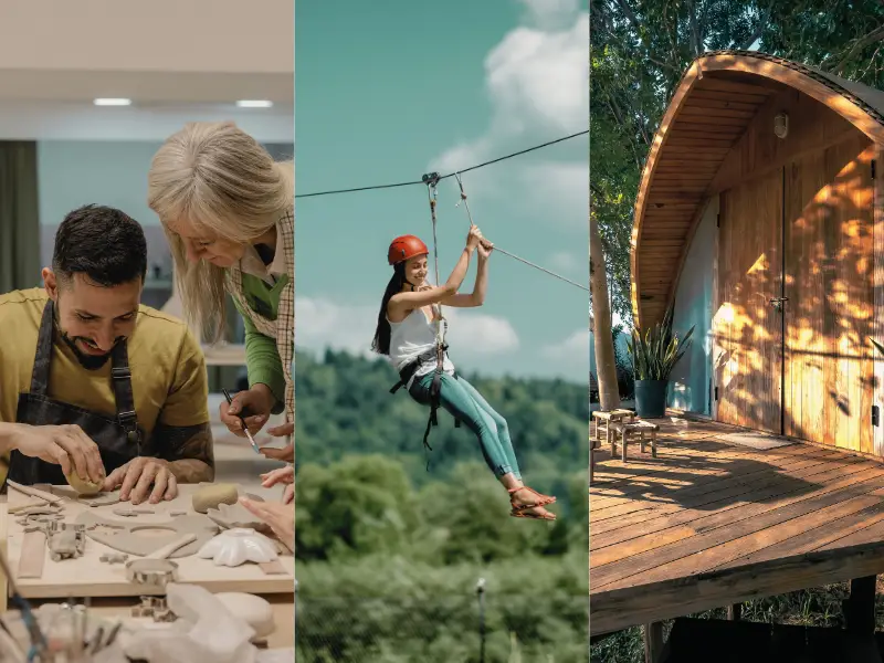 Recognition programs showing diverse milestone gifts including adventure sports cooking classes wellness retreats