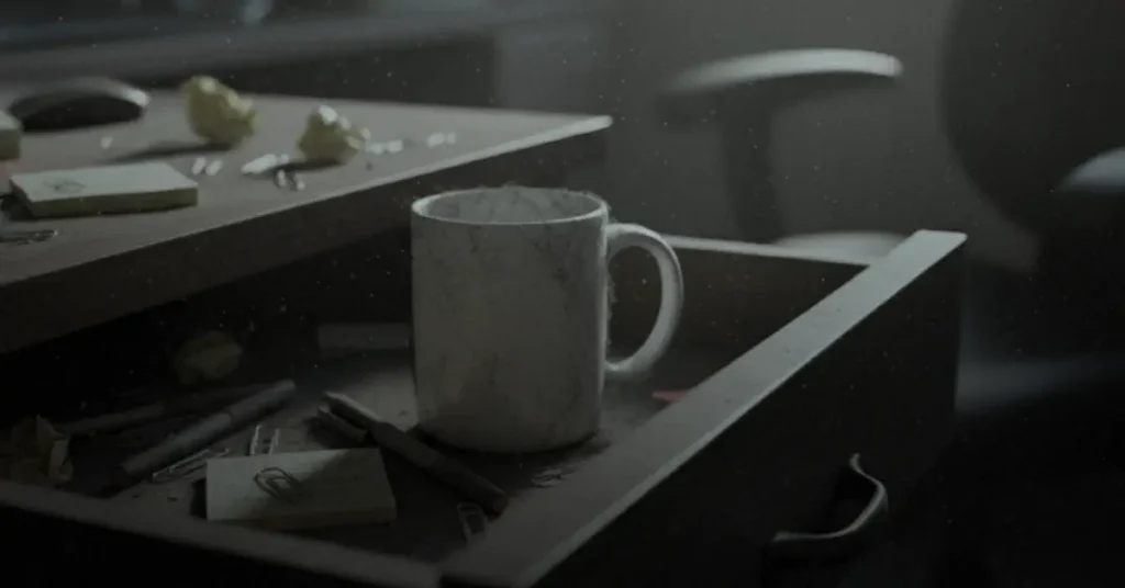 Memory poverty illustrated by forgotten employee rewards gathering dust in office drawer.