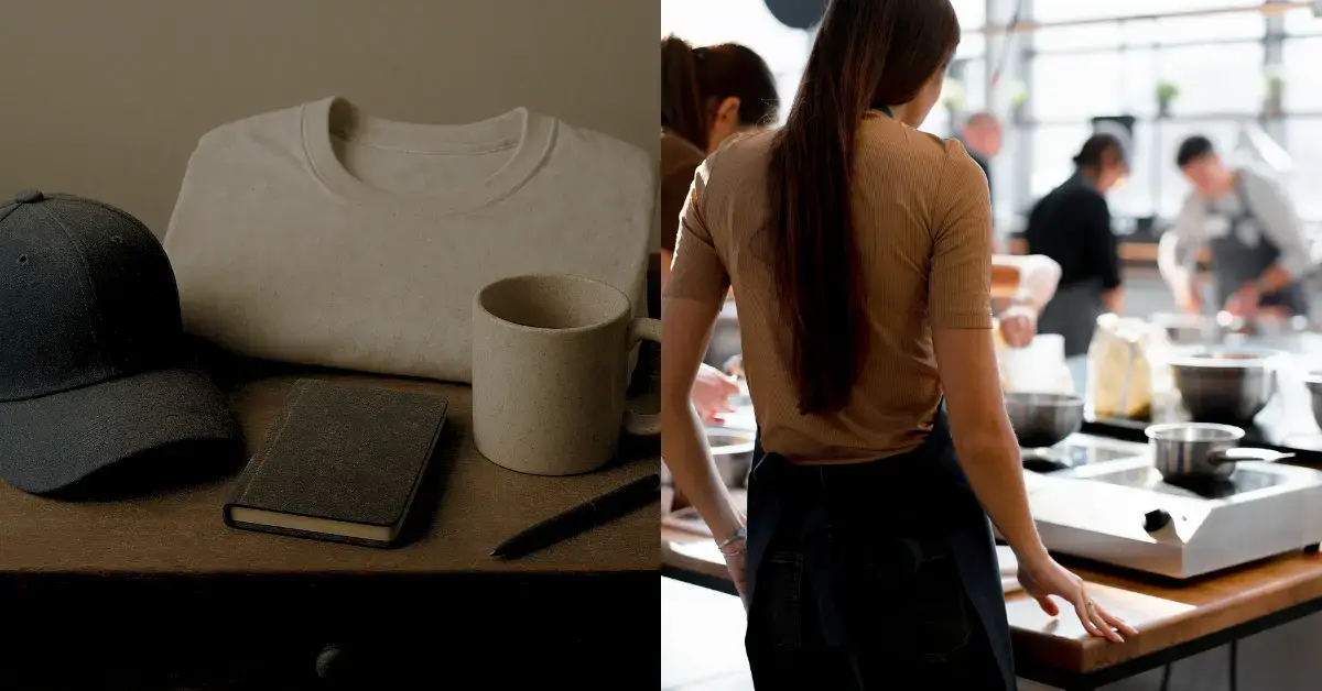 Dusty promotional products beside person enjoying cooking class experience gift