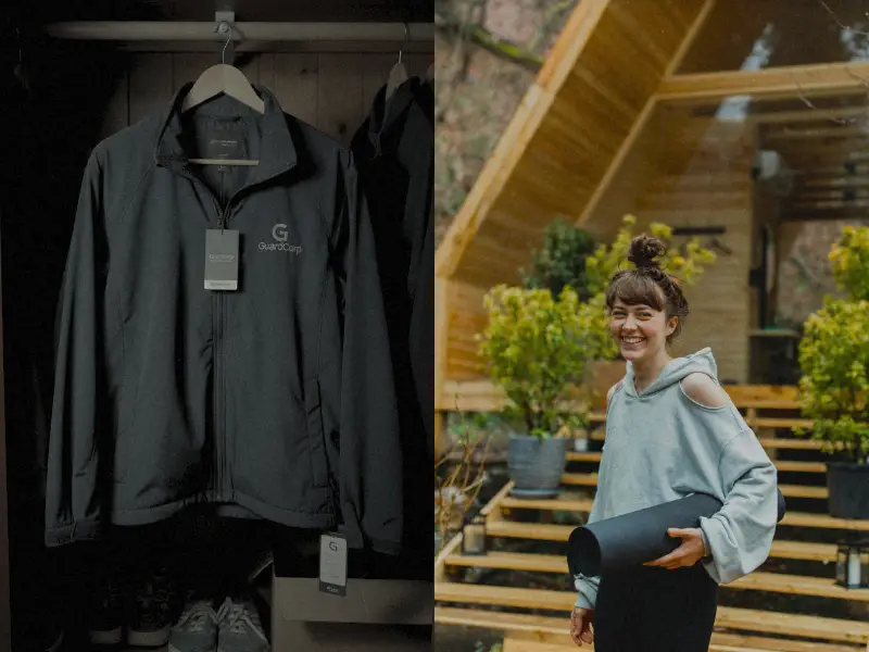 Branded jacket unused in closet compared to employee enjoying experience outdoors. 