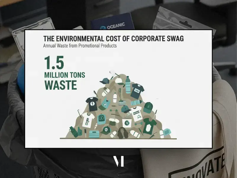 Infographic showing 1.5 million tons annual waste from corporate swag products